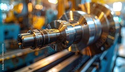 Close-up of a shiny, metallic machined component in a manufacturing setting, focus on detail