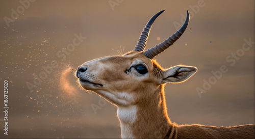 Antelope with horns standing against a sunset background in an open plain, showing breath vapor