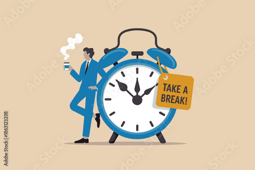 Professional taking a coffee break with an alarm clock that reminds to pause and relax