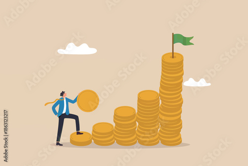 Achieving financial success through consistent saving and investment, symbolized by growing coin stacks