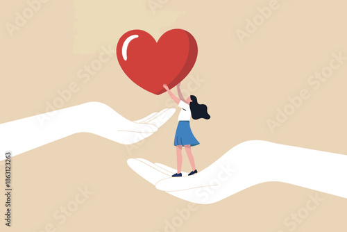 A small woman holds a large red heart while being gently supported by two giant hands