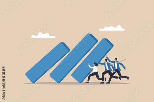 Business team working together to prevent a domino effect crisis or system failure