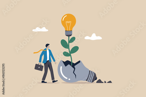 A businessman finds inspiration in a growing idea emerging from a broken lightbulb