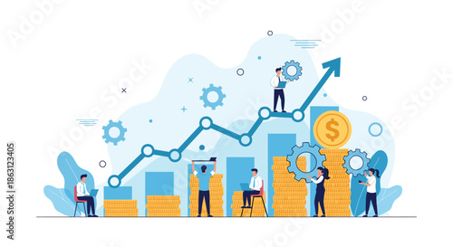 Driven business team collaborating to push a financial growth line graph upwards through coin stacks and industrial gear icons.