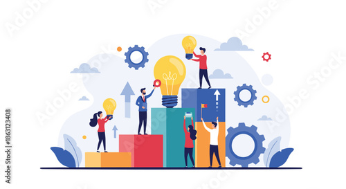 Group of business professionals working together to build a successful growth chart using creative ideas and mechanical gears.