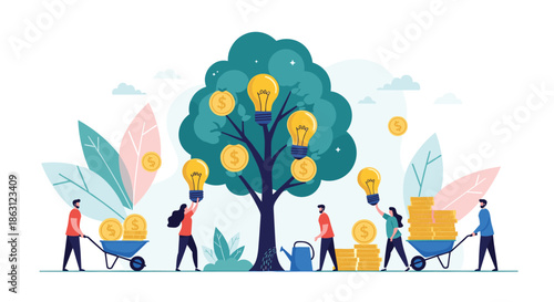 Business concept showing people harvesting financial growth and creative ideas from a magical money and light bulb tree.
