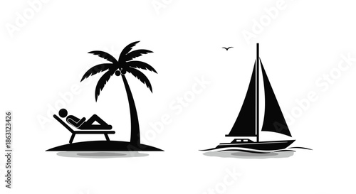 Minimalist black silhouettes of a person relaxing under a palm tree on an island and a sailboat gliding on the ocean waves.