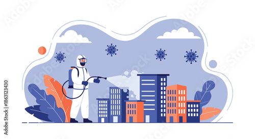 Professional in a protective hazmat suit spraying disinfectant on city buildings to combat virus particles in the air.
