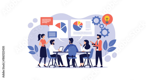Collaborative business meeting with professionals discussing data analytics and strategic processes around a shared table in office.