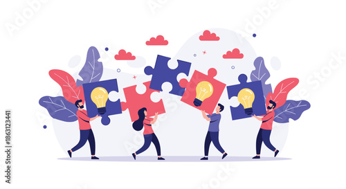 Collaborative team members assembling large puzzle pieces with light bulb icons to create new innovative ideas together.