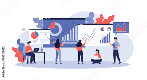 Professional data science team analyzing multiple digital dashboards and performance charts in a modern collaborative office space.