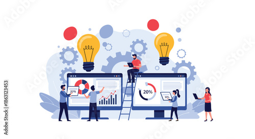 Business team collaborating on data visualization and creative solutions using large computer screens and mechanical gear icons.