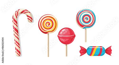 Assorted collection of colorful swirl lollipops, a candy cane, and a wrapped sweet treat against a clean white background.