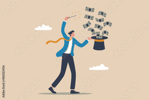 Financial magic: businessman conjuring banknotes from a top hat with a wand