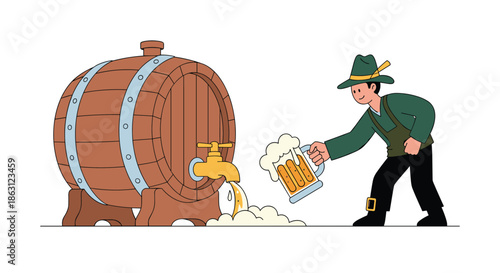Traditional Bavarian man in a green hat and lederhosen pouring fresh beer from a large wooden barrel into a glass mug with foam.