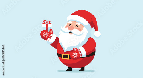 Cheerful Santa Claus character wearing red mittens and holding a small white gift box with a red bow against light blue background.