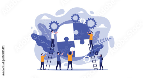 Collaborative team working together to assemble a large blue jigsaw puzzle representing a lightbulb idea and creative solutions.