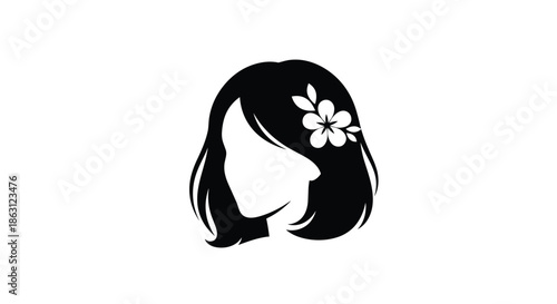 Elegant black silhouette of a woman profile with white flowers tucked into her hair isolated on a clean white background.