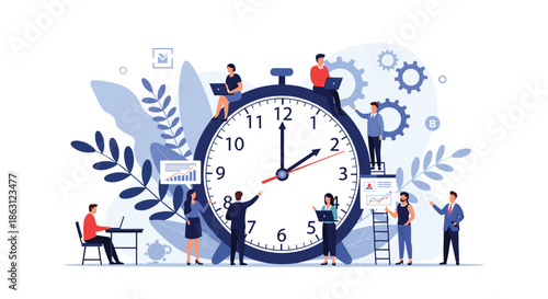 Professional team collaborating around a giant alarm clock to manage project deadlines and improve workplace time efficiency.