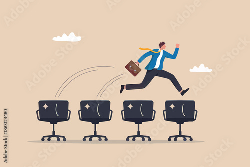 Businessman leaping over office chairs, symbolizing career advancement and overcoming challenges