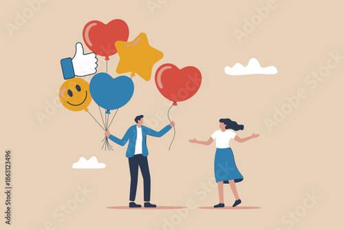 Sharing digital happiness: a man offers social media feedback balloons to a woman