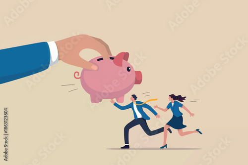Protecting savings from financial threats, a couple runs with their piggy bank from a large hand