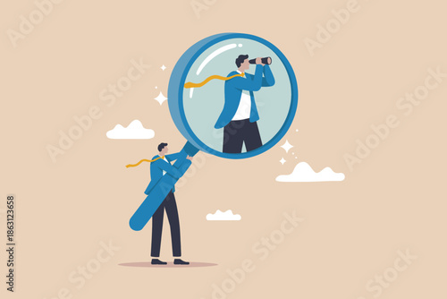 Exploring future opportunities: a person looking through binoculars inside a magnifying glass for business vision