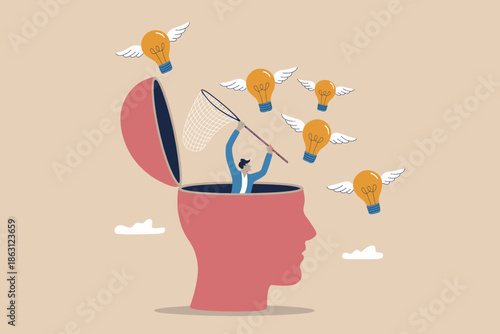 Capturing brilliant ideas: a businessman inside an open mind chases flying light bulbs