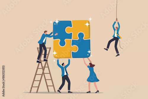 Business team working together to assemble a giant puzzle piece to complete a project