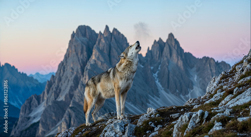 Wolf howling on a rocky mountain under a colorful sky at sunrise in the Dolomites