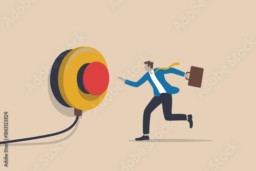 A businessman in a suit running to press a large red emergency stop button with urgency