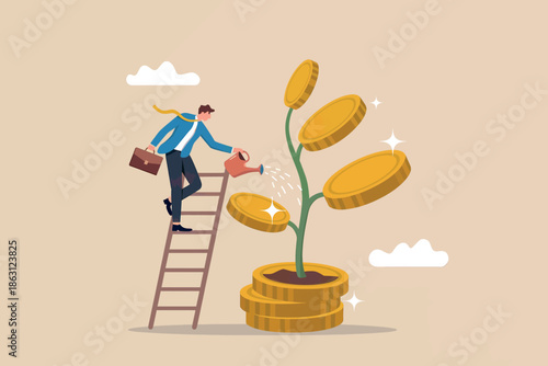 Businessman nurturing a money tree with diligent investment and effort for financial growth