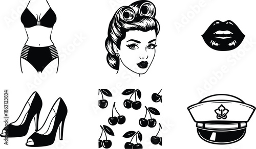 Vintage line art frontal pinup woman head and bikini set with high heels lips cherries and police cap isolated monochrome icons retro hairstyle bold outline vector