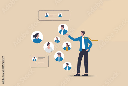 Businessman managing a network of diverse professional profiles for effective team building