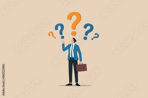 Businessman navigating complex decisions and facing numerous questions in his professional journey