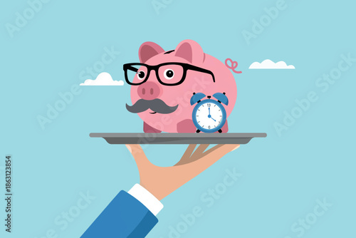 Saving time and money: a clever piggy bank and alarm clock presented on a tray
