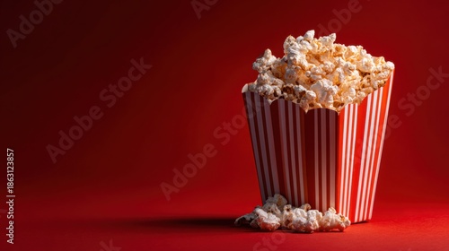 a popcorn box with a red background