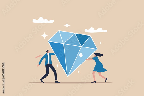 Partnership effort in achieving valuable goals and wealth with a sparkling blue diamond