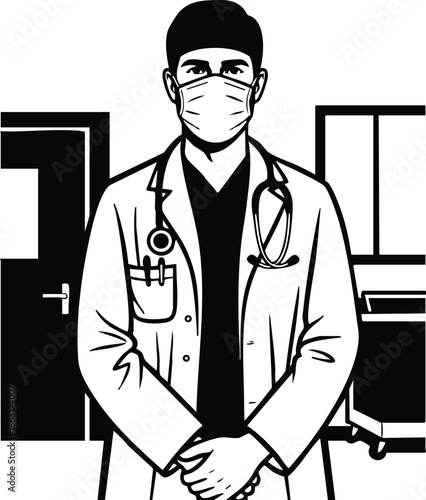 Line art frontal view male doctor wearing surgical mask and stethoscope standing with folded hands in examination room background medical vector illustration monochrome professional calm confident