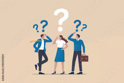 Business people facing problems and searching for solutions with many questions