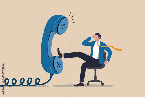 A frustrated businessman kicks a ringing vintage telephone, overwhelmed by communication
