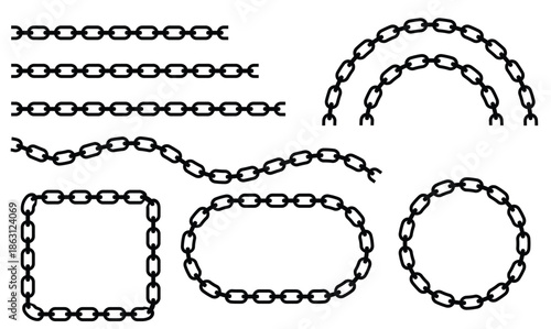 black chain silhouette links arranged in geometric shapes-circles, squares, and arches—against a stark white background