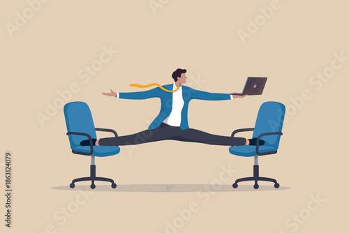 Businessman doing a full split between two office chairs while working on a laptop