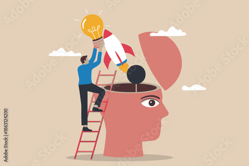 Man putting a bright idea lightbulb and a rocket into an open head, symbolizing innovation