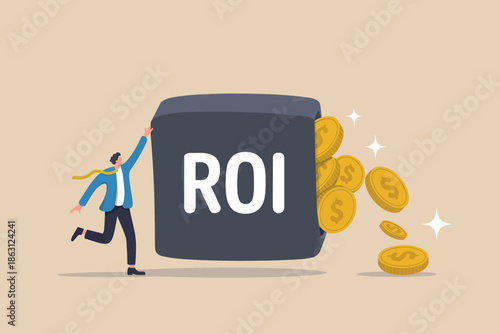 A businessman celebrates a significant return on investment as money pours from an roi container