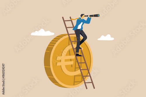 A businessman on a ladder on a giant euro coin searching for new opportunities