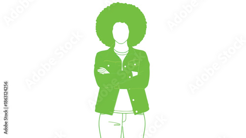 A vibrant green silhouette of a woman with an afro and a jacket stands confidently