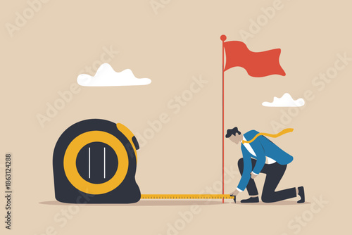 A professional is measuring the distance to a red flag, symbolizing the assessment of business goals and progress towards objectives.