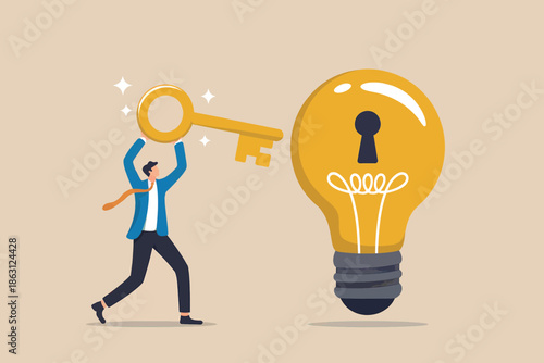 Businessman finds the key to innovation and problem solving with a bright new idea