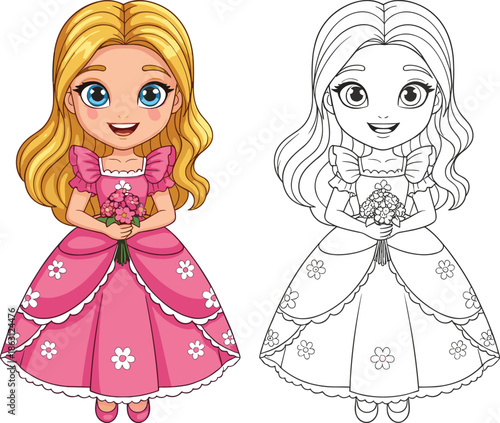 Cute little princess in pink dress with flowers coloring page vector illustration for kids isolated on white background
